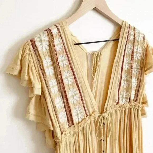 Free People Embroidered Tassel V-Neck Midi Dress Ruffle Sleeve Yellow Size S - Picture 7 of 10
